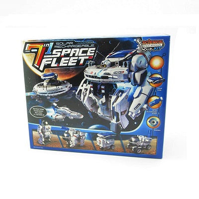 Retail packaging for the 7-in-1 Solar Rechargeable Space Fleet kit. Packaging illustrates a number of space themed solar rechargeable robots that can be configured using the kit.