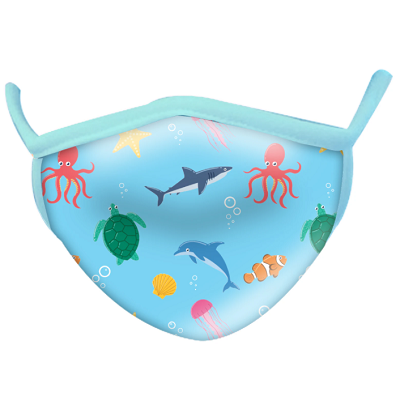 A child-sized non-medical face mask. The mask is light blue in colour and is patterned with an cartoon aquatic animal print.