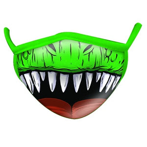 An adult-sized non-medical face mask. The mask is green in colour and is patterned with the lower half of a carnivorous dinosaur's face, giving the appearance that the wearer of the mask is roaring.