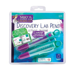 Retail packaging for Discovery Lab Pens & Field Journal. Science kit includes two multi-tool lab pens that can be used on land and in water along with a 14 page science journal.