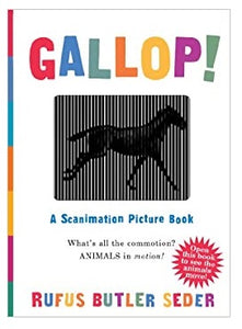 Cover of Gallop! Scanimation picture book. The cover of the book is white with rainbow accents and displays a lenticular image of a horse that gallops when the book moves in your hands.