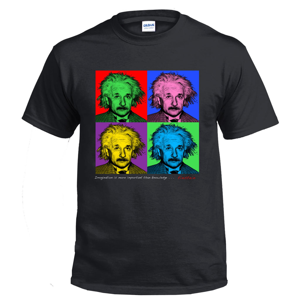 Black adult t shirt with pop art style Albert Einstein design and Einstein quote reading "Imagination is more important than knowledge"
