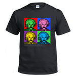 Load image into Gallery viewer, Black adult t shirt with pop art style Albert Einstein design and Einstein quote reading &quot;Imagination is more important than knowledge&quot;
