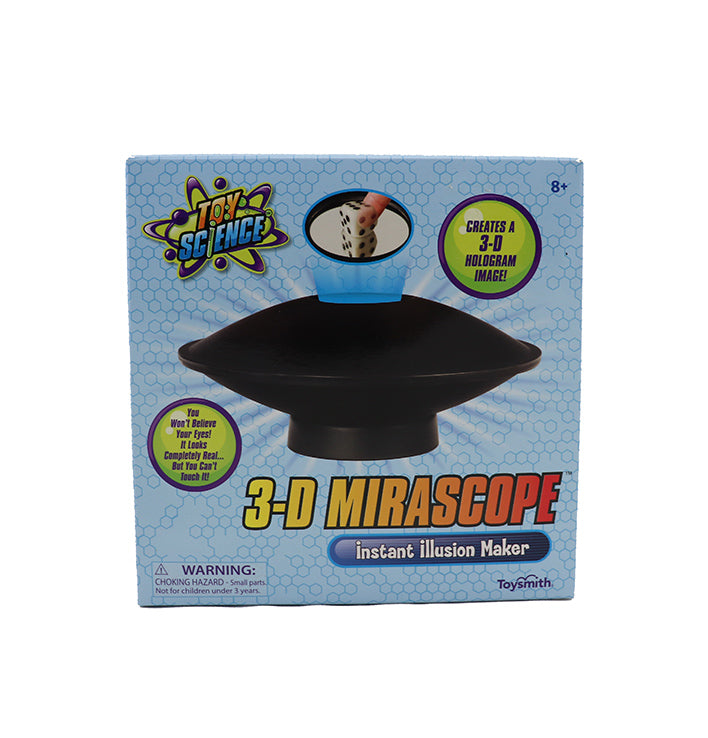 Front view of the blue packaging for 3D Mirascope. Product includes an image of the mirascope and text advertising 3D Mirascope: Instant Illusion Maker