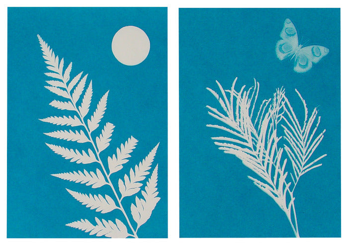 Two samples of solar print art using blue solar print paper and outdoor objects - one with fern style leaves and the other with tree needles and a butterfly