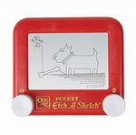 Load image into Gallery viewer, Demonstration of pocket sized Etch A Sketch toy with a picture of a dog and a bone drawn onto the display
