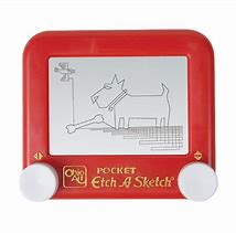 Demonstration of pocket sized Etch A Sketch toy with a picture of a dog and a bone drawn onto the display