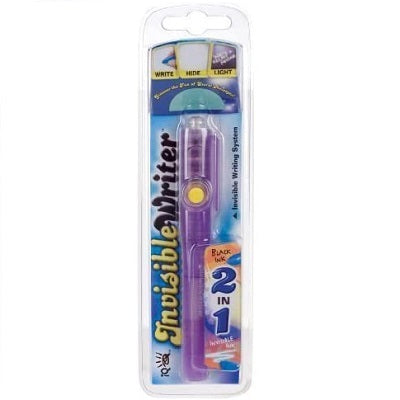 Retail packaging for the Invisible Writer 2-in-1 pen. The pen has a plastic purple casing and there is a bulb on the end to illuminate the invisible ink.