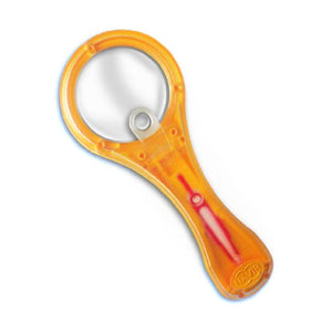 A plastic magnifying glass toy with a pair of tweezers in the handle.