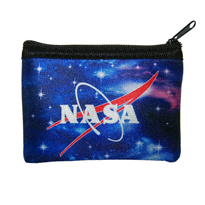 A small neoprene coin pouch with a black zipper closure. The exterior of the pouch has a blue and purple outer space themed print and the NASA logo is printed on the centre of the pouch.