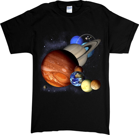 Black youth t-shirt with screen printed design of the solar system and all 8 planets