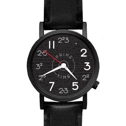 Black watch with prime numbers making up the watch face and black leather band