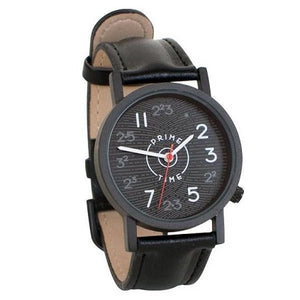 Black watch with prime numbers making up the watch face and black leather band