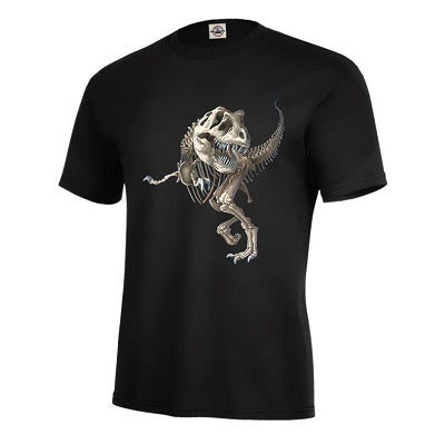 Black youth t-shirt with screen printed design of an articulated t-rex skeleton