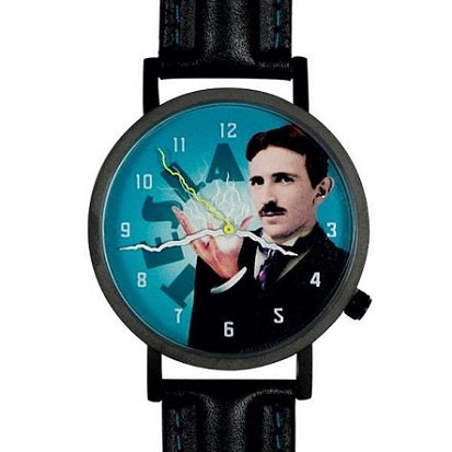 Black watch with black leather band with  Nikola Tesla design on watch face and lightning bolt watch hands