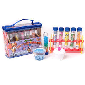 Lab in a Bag: Test Tube Wonders science kit. Retail packaging for the kit is a plastic zip up bag with a carrying handle. Kit components are displayed, including a number of difference science activities (contained in separate plastic test tubes) for kids. Three samples of the experiments are displayed.