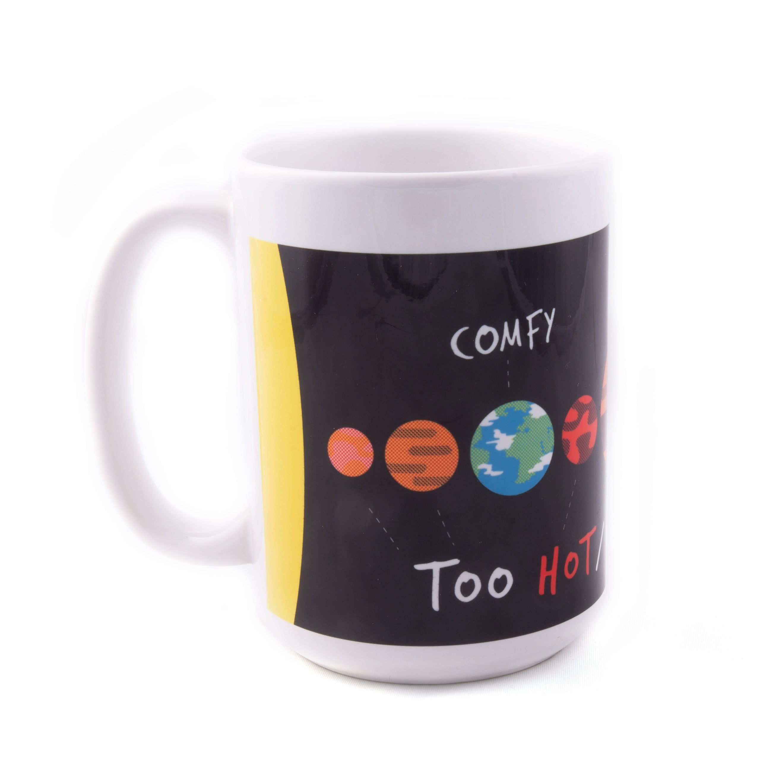 A white ceramic mug with a printed cartoon graphic of the solar system. Text reads: "Too hot/cold/toxic" below different planets and "Comfy" above the Earth.
