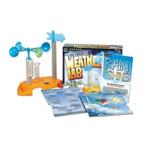 Retail packaging for the Weather Lab kit with kit components displayed. Includes cloud chart, weather tracker, thermometer, weather vane, rain gauge, compass, and speed indicator.